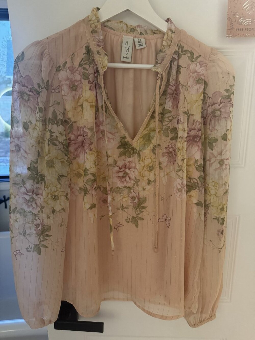 Joie Sheer Pink Floral Butterfly Metallic Stripe Ruffle Tie Neck Blouse XS